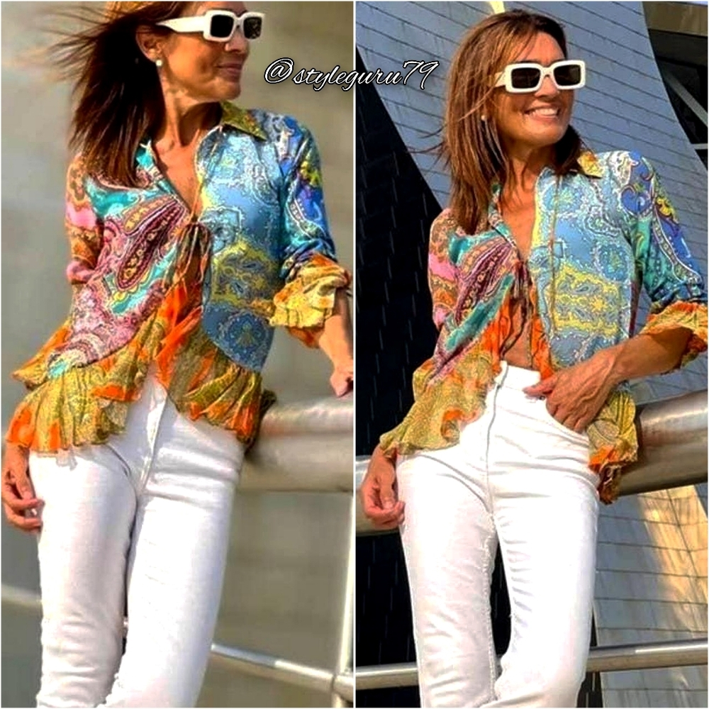 NWT, ZARA, Printed Ruffled Blouse - Picture 2 of 5